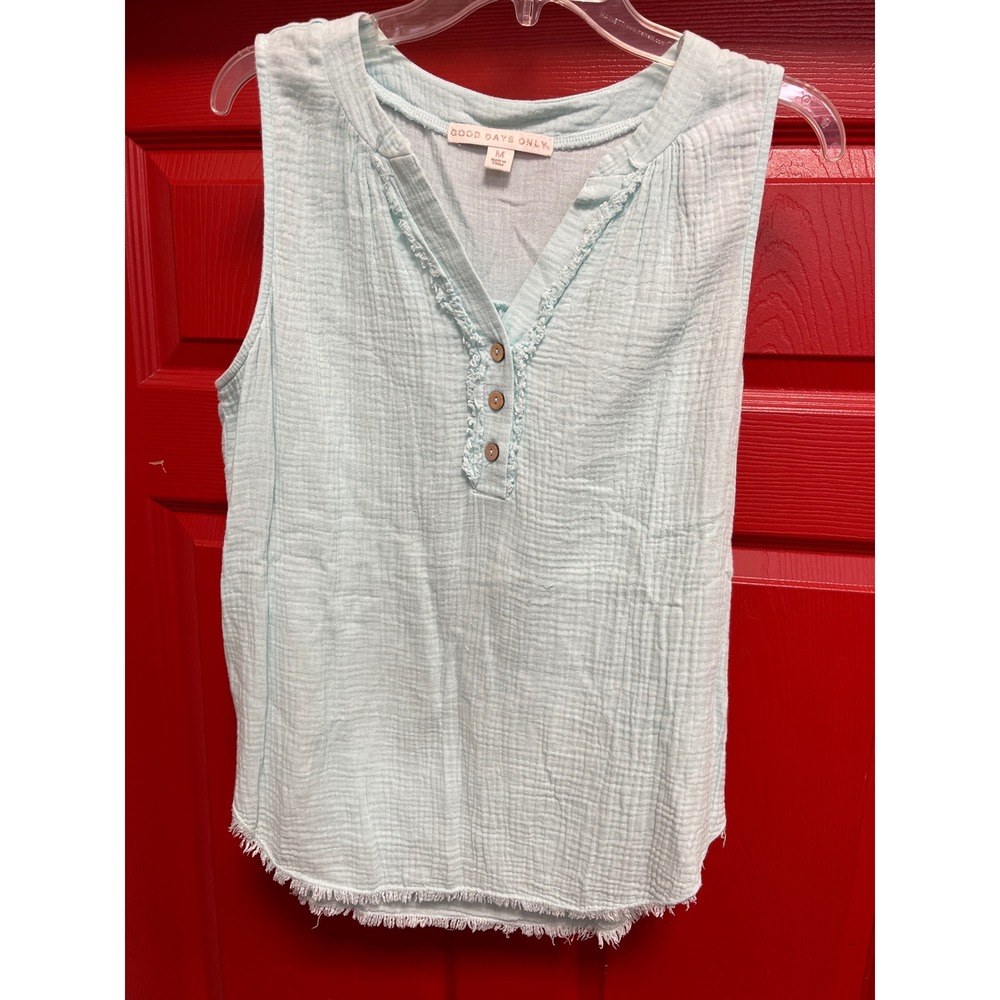 Good Days Only Light Blue Gauze Sleeveless Henley Top Frayed Trim Medium